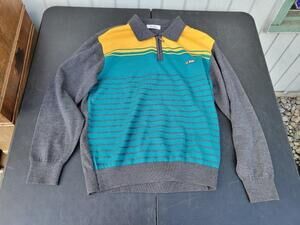 R. Polka Sweater Mens Medium Gray Yellow Teal Quarter Zip Knit Polo Striped